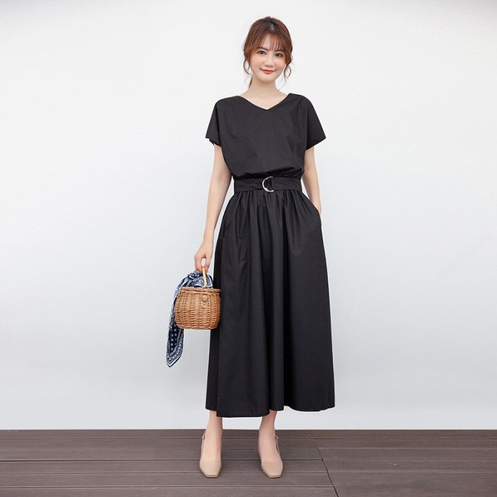 2021 Summer New Korean Arrival Sexy V-neck Simple Solid Color Elastic Waist Slimming Casual Plus Size Women Dress Free Shipping