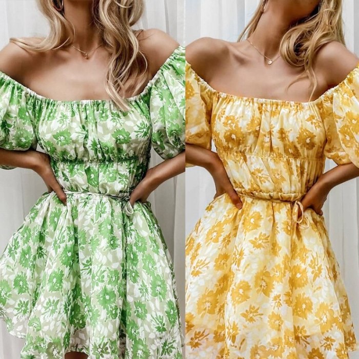 Women Sweet Fashion Mini Dress Off The Shoulder Slash Neck Slim Print Floral Short Puff Sleeve Big Hem Vestidos New Summer 2021