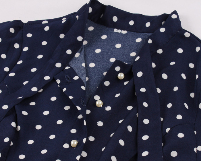 Tonval Bow Tie Neck Button Front Polka Dot Pinup 50s Vintage Shirt Dresses Women A-Line Summer Female Elegant Blue Dress