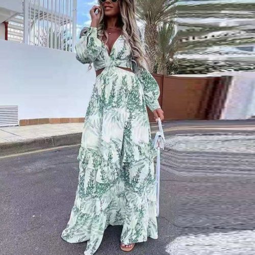 Sexy Criss-cross Hollow Out Boho Long Dress Women Deep V Neck Ruffle Party Dress 2021 Spring Summer Long Sleeve Maxi Beach Dress