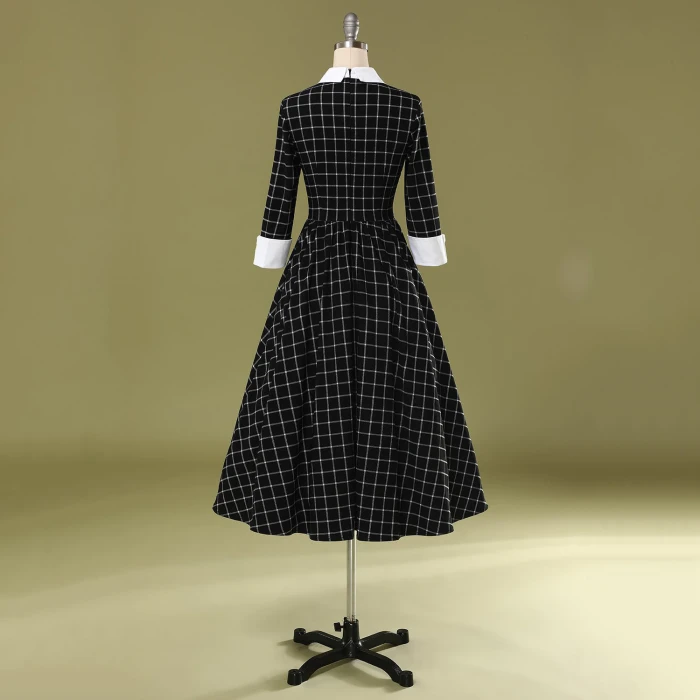 Long Sleeve Winter Black Plaid Vintage Tunic Dress Hepburn Gingham Retro Turn Down Collar Bowknot A Line Rockabilly Swing Dress