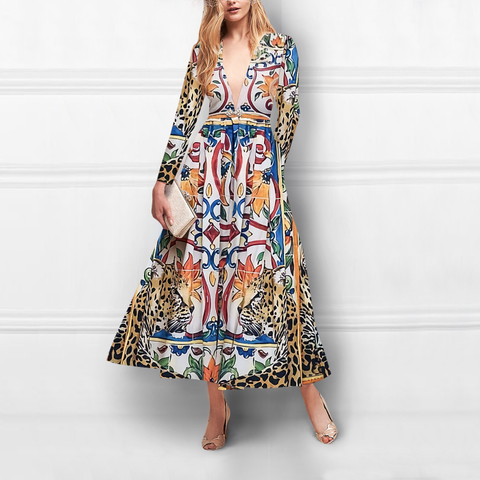 Elegant Fashion Slim Floral Deep V Collar Long Sleeve Maxi Dress