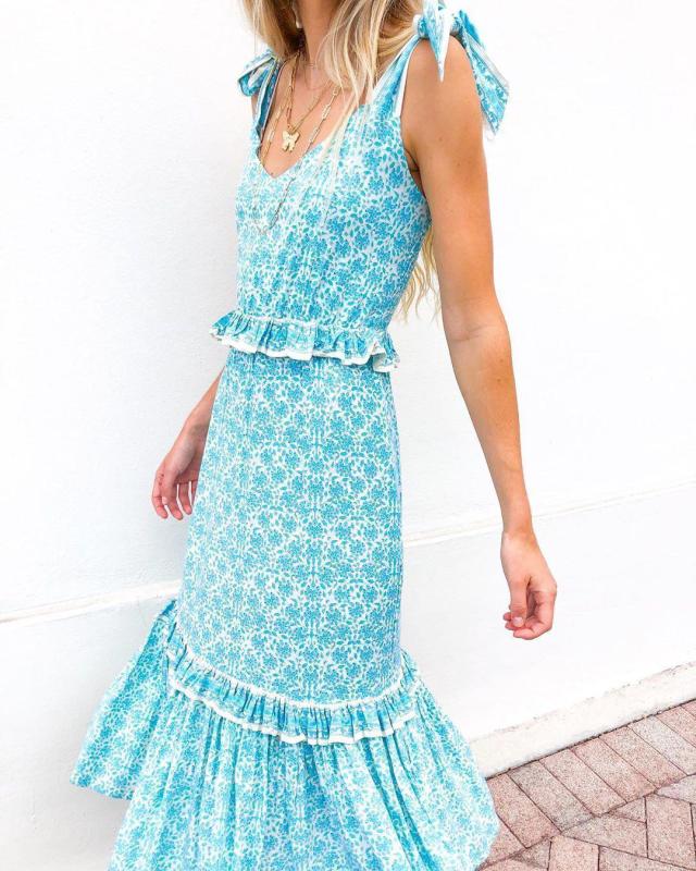 Drawstring Straps Sleeveless Print Maxi Dress