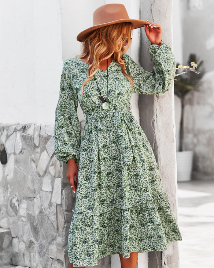 Floral Print Long Maxi Dresses For Women 2021 Autumn Long Sleeve Ruffles Bobo Beach Dresses Holiday Vintage V Neck Dress Fashion