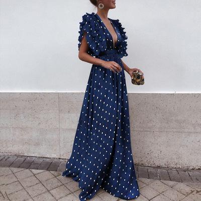 Women Dress Dot Print Maxi Dress V Neck Short Sleeve Party Dresses High Waist Backless Hollow Out Sexy Dress Summer New