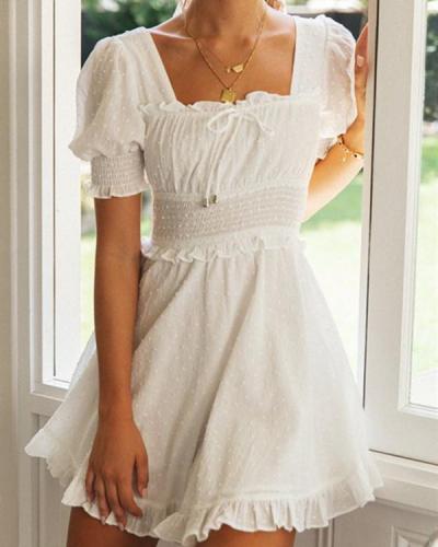 Solid Color Square Collar Puff Sleeve Lace Back Dress