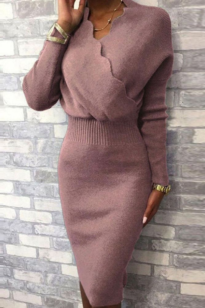 Elegant Office Lady Bodycon Knitted Dress Women Sexy Wave V-Neck Solid Party Dress Autumn Winter Long Sleeve Slim Fit Knee Dress