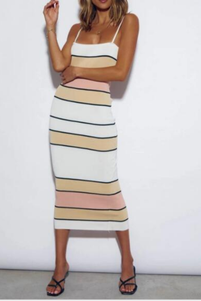 2021 Sexy Women Summer Striped Print Midi Dress Patchwork Design Sling Sleeveless Strapless Backless Slim Hips Pullovers Dress