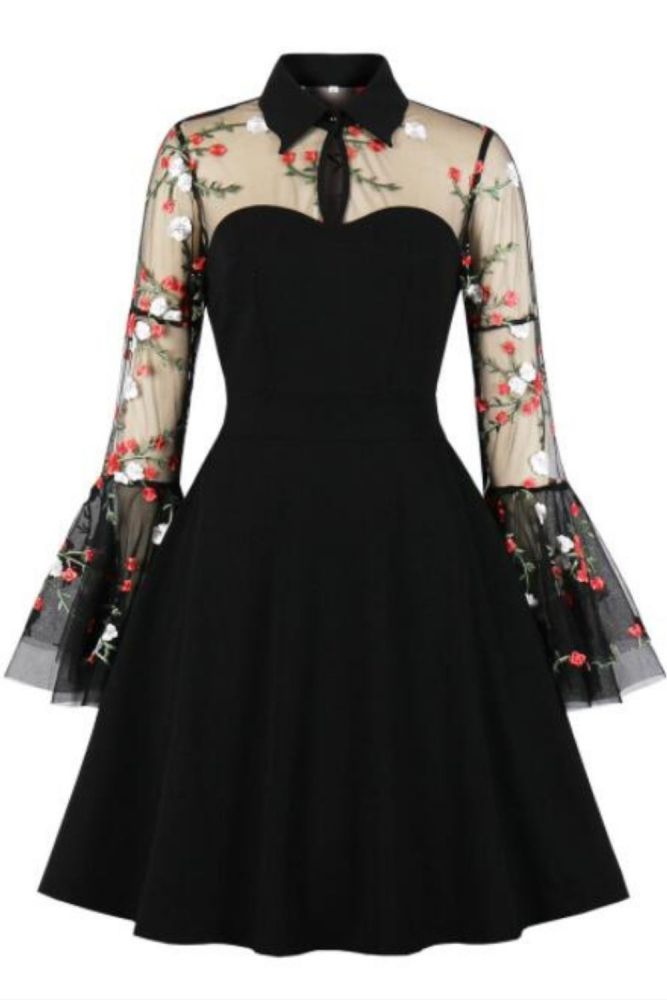 Tonval Floral Embroidered Mesh Long Sleeve Elegant Party Dress Vintage Women Turn-Down Collar Keyhole Black A-Line Mini Dresses