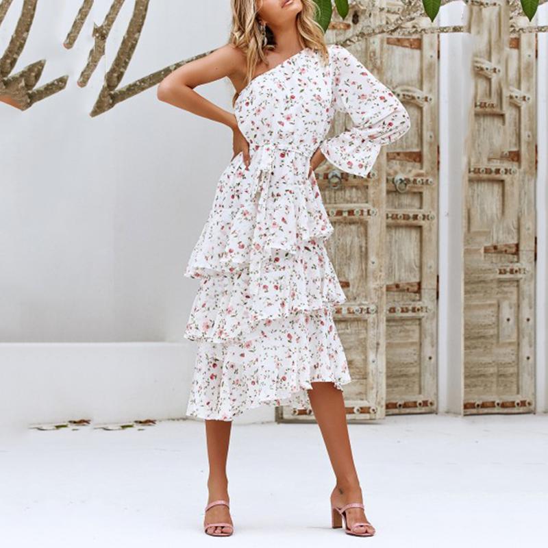 One shoulder irregular layered print pattern dress