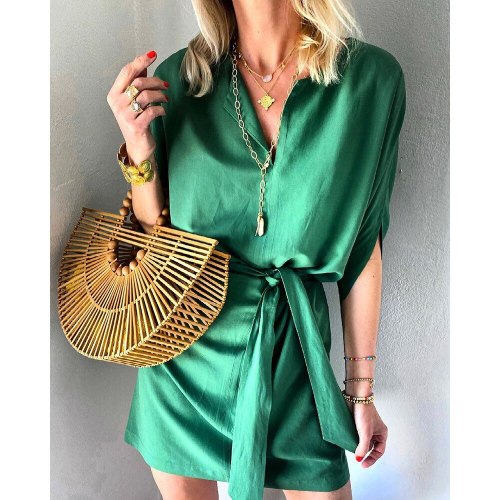 European American Women's Summer New Style Half-Sleeved Tie Satin Casual Pure Color Temperament Commuter Dress