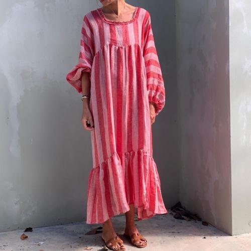 Loose Striped Lantern Sleeve Round Neck Maxi Dress