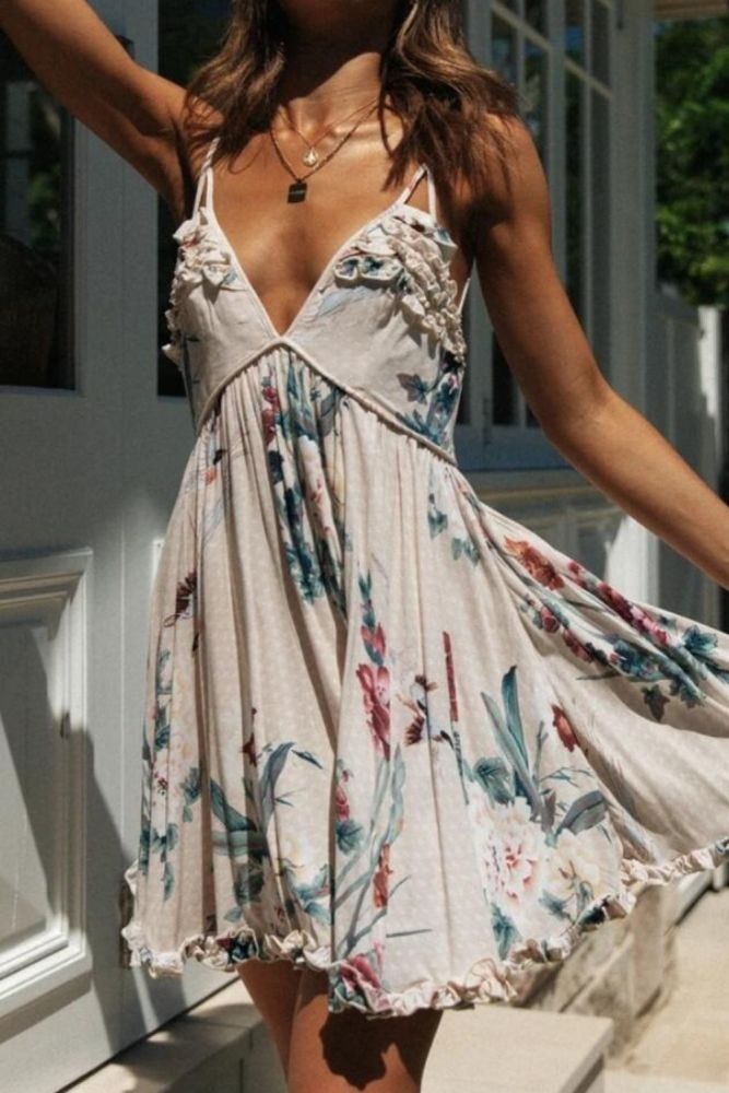 Women Fashion Spaghetti Strap Deep V-Neck Dress Female Backless Floral Print Sleeveless Dresses For Summer 2021