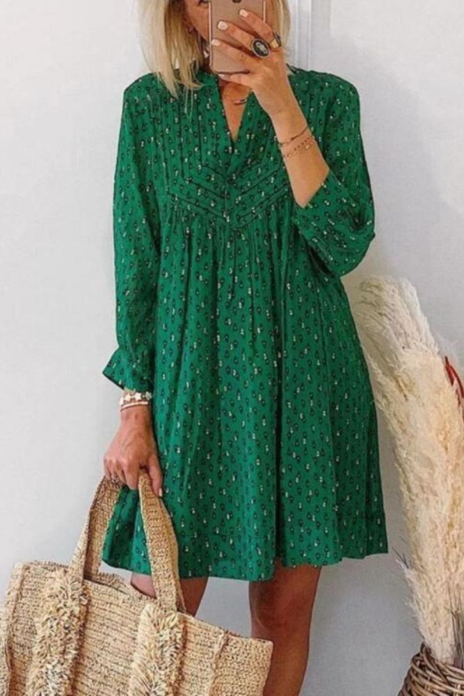Women's Spring And Summer Season Fashion Printing V Neck Button Loose Mid Length Sleeved Floral Dress Woman Casual Office Dress