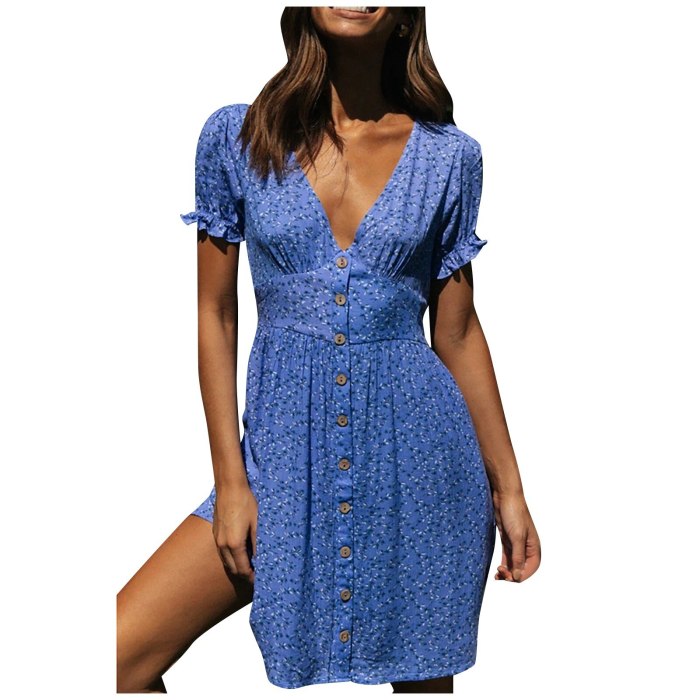 Clothes Female Women's Casual Comfort High Waist V-Neck Small Floral Button Dress Fashion Print A-Line Short-Sleeve Dress