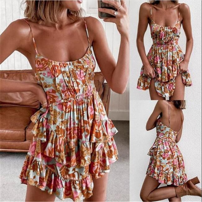 2021 Fashion Bohemia Style Women High Waist Print Dew Shoulder Sleeveless Cascading Ruffle Condole Belt Sexy Mini A-Line Dress