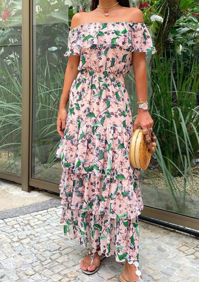Women Summer Off Shoulder Bohemian Layered Dresses Female Block Color Floral Printed Casual Sweet Dresses Holiday Party Fashion