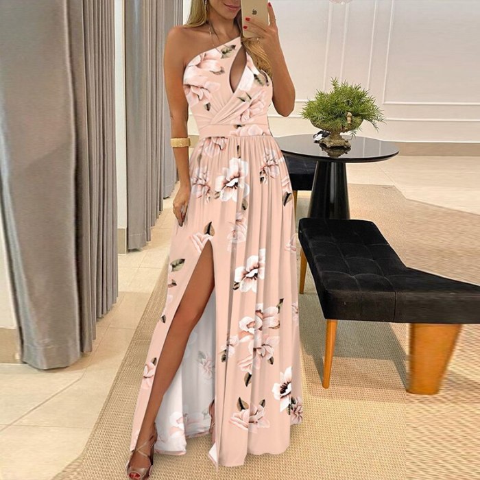 Summer New Sexy Skew Collar Draped Slim Dress Fashion Solid Hollow Out High Split Party Dress 2021 Women Casual Long Dress Mujer