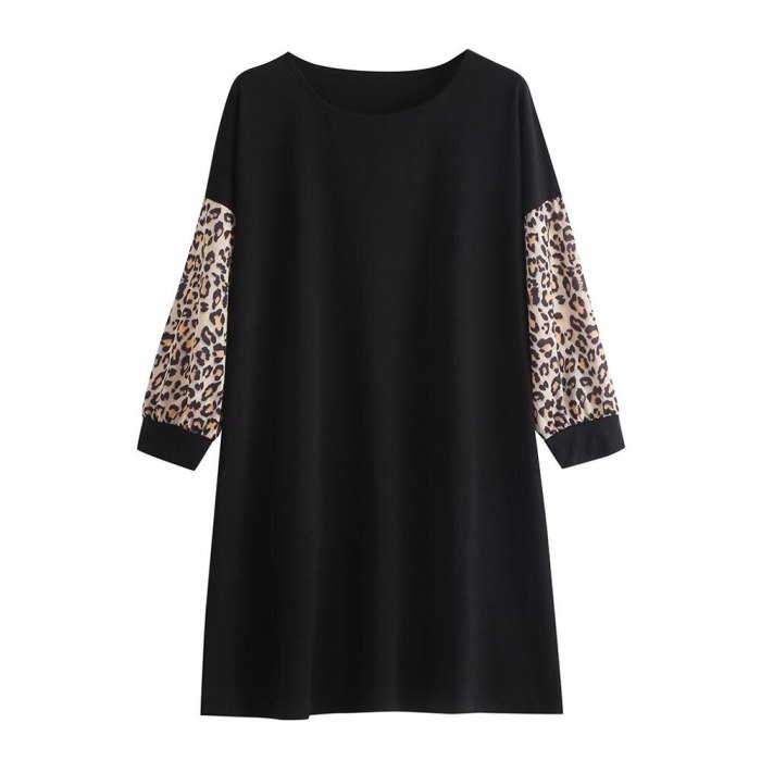Women's Fashion Round Neck Casual Leopard Print Patchwork Color Dress Spring new seven-point sleeves O-Neck Dress 3/4 Sleeve