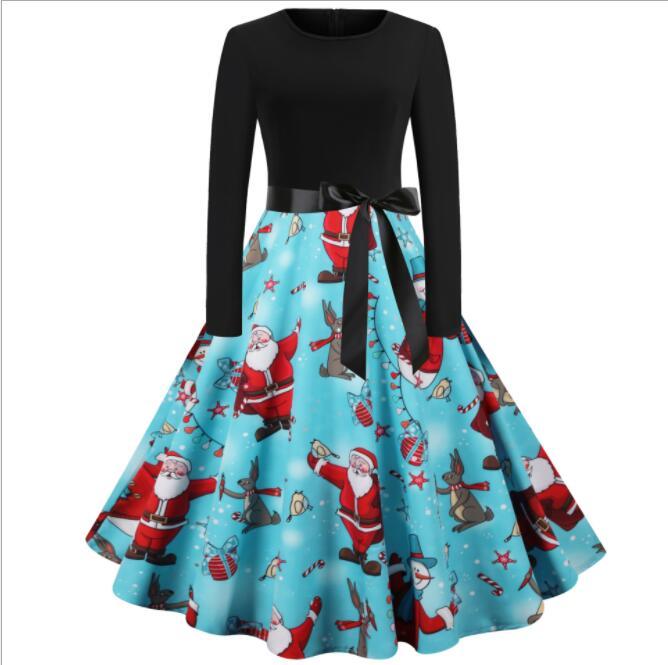 Tonval Black and Sky Blue Two Tone Elegant Vintage Christmas Clothes Women O-Neck Winter Party Belted A-Line Dress