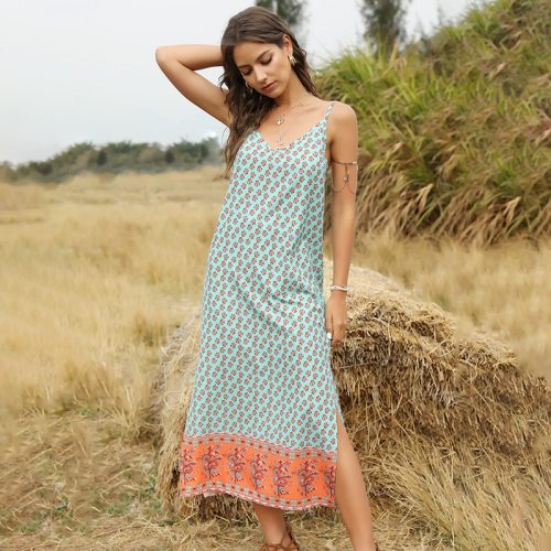 Summer Sexy Spaghetti Strap V Neck Dress Women 2021 New Print Sleeveless Bohemian Long Slim Sling Ladies Dresses