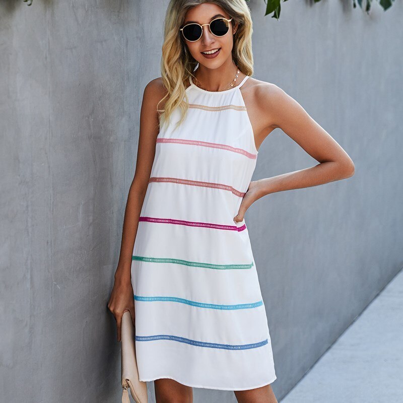 2021 Summer Streetwear Fashion Splicing Rainbow Ribbon Stripe Dress Sexy Sleeveless Women Casual Beach White Mini Vestidos