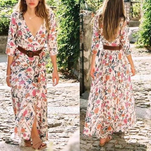 Fashion V Collar Floral Printed Beach Maxi Dress