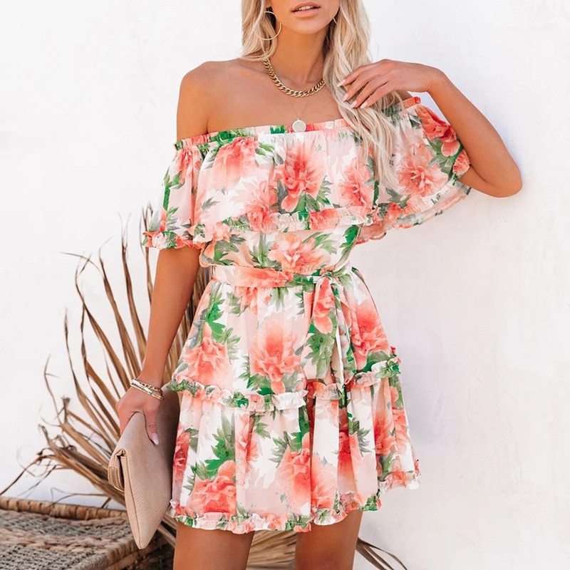 Summer Off the Shoulder Floral Print Dress 2021 Women Short Sleeve Slash Neck A-Line Sexy Casual Dresses Party Female Vestidos