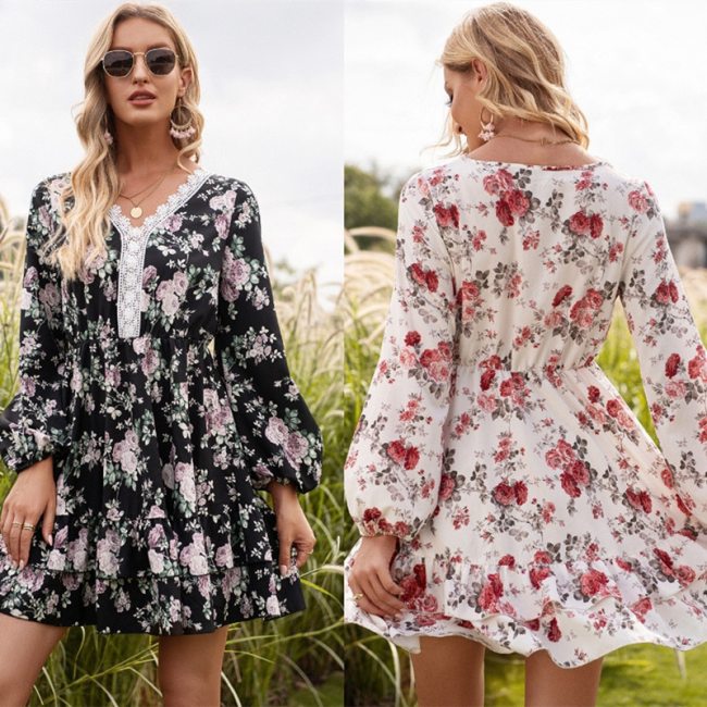 Spring Autumn Long Lantern Sleeve Print Wrap Dress Women Elegant Ruffles V Neck Party Dresses Female A Line Office Clothers Ves