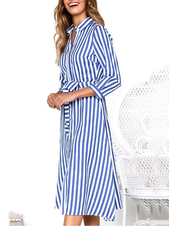 Fashion Casual Long Sleeves Striped Maxi Dress