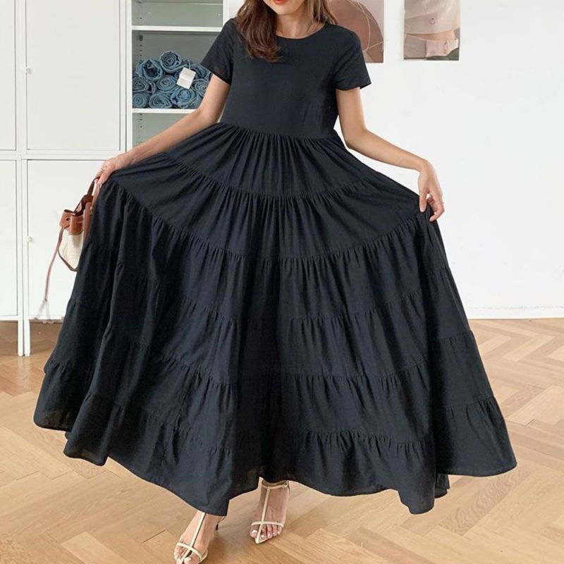 Long Ruffle Dress Summer New Korean Style Commuting Black High Waist Loose Maxi Dress