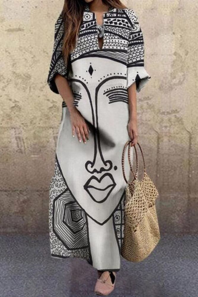 Elegant Vintage Portrait Print Dress Abstract Face Women Dresses Beach Party Spring Autumn 2020 Fashion Loose Female Chic Dress