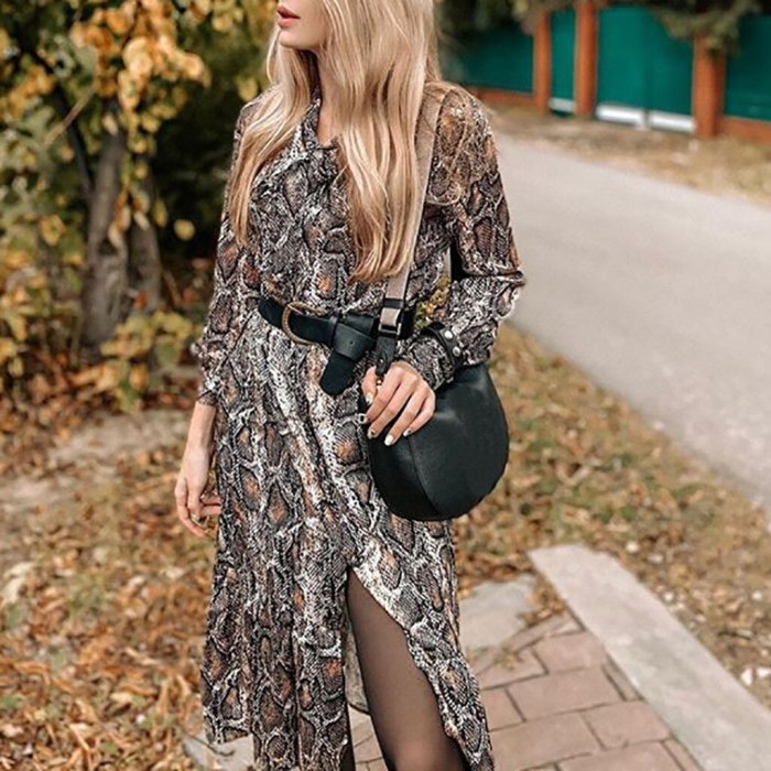 Hot Sale Women Snake Print Midi Dress Long Sleeve 2020 Autumn Winter Vintage Bow Tie Lady Female Dress vestidos robe femme ete