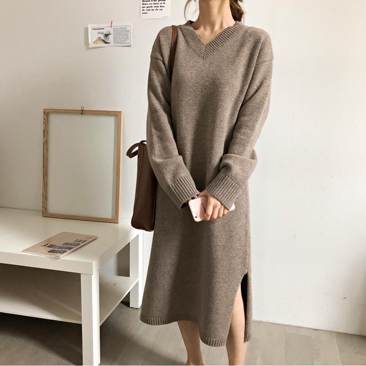 Fashion V Neck Split Loose Knitted Maxi Dress