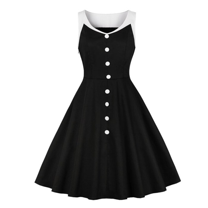 Tonval Women Single-Breasted Buttons Black Patchwork Vintage Rockabilly 50s Dress 2021 Summer Sleeveless Cotton A-Line Dresses