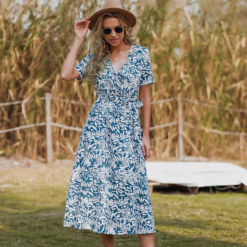 Beach Boho Dress Women V Neck Floral Print Vintage Midi Dress Robe Femme 2021 Summer Boho Dress Ladies Lace Up Maxi Long Dresses