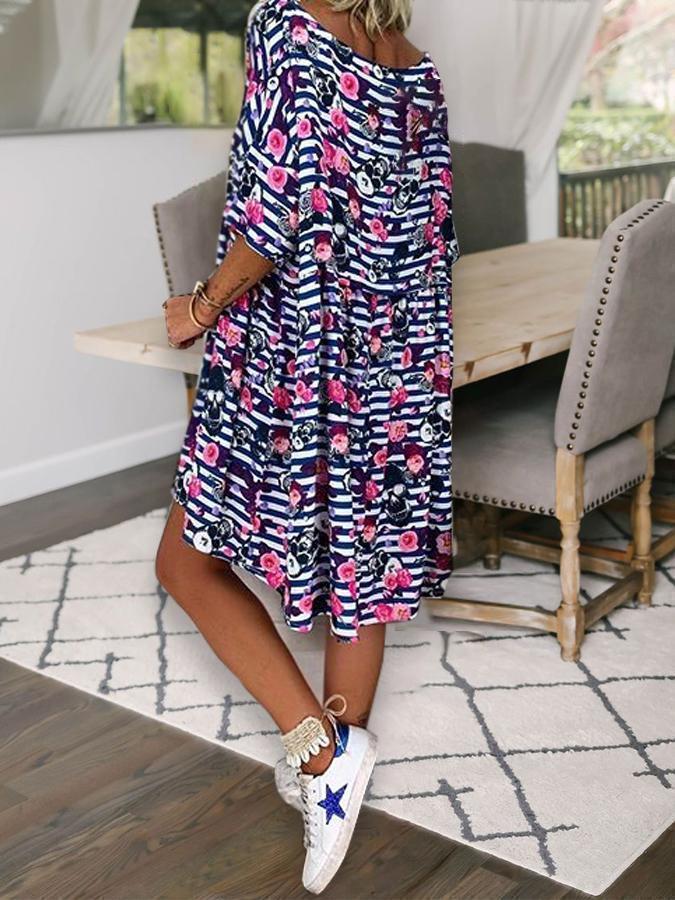 Casual Striped Print Short-Sleeved Crew Neck Dress