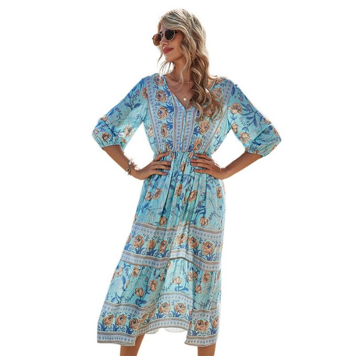 Summer V-neck high-waist A-Line beach print dress pleated flared sleeves bohemian midi dress vestido maxi dresses for women