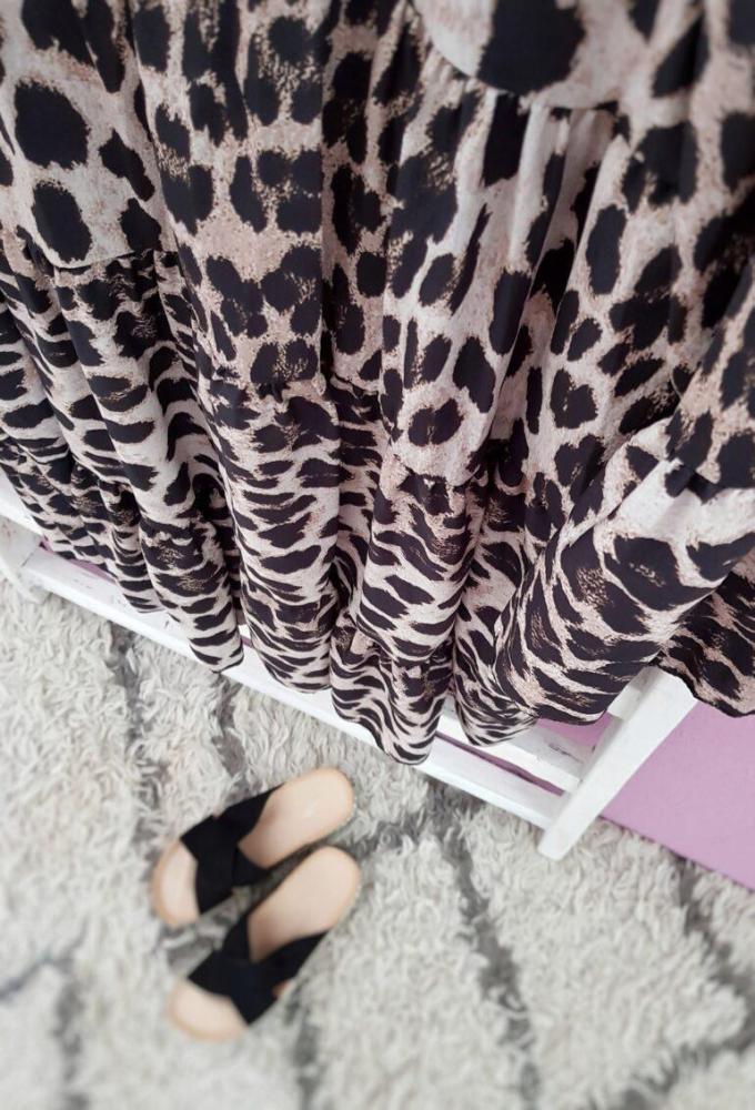 Vintage Leopard Printed V-Neck Long Sleeve Loose Mini Dress