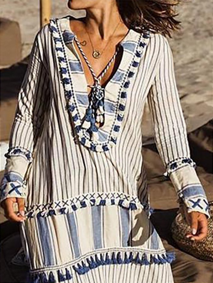 Bohemian V Neck Striped Tassel Long Sleeve Vacation Dresses