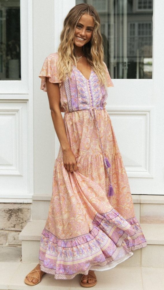 Short Sleeve Maxi Women Dresses Vintage Pink Floral Print Long Summer Dress 2021 V Neck Button Boho Beach Wear Vestidos