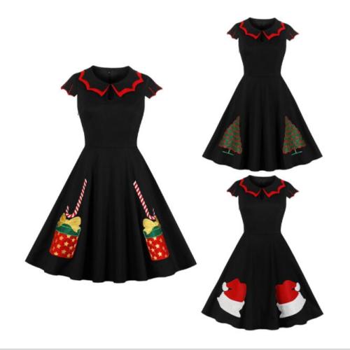 Tonval Black 50S Vintage Festival Gift Embroidery Elegant Christmas Dress Women Keyhole Cap Sleeve A Line Cotton Party Dresses