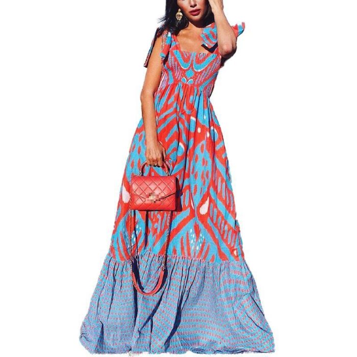 Plus Size Summer Dress Women 2021 Sleeveless Color Matching Long Maxi Dress Vintage Print Casual Loose Big Swing Bow Beach Dress