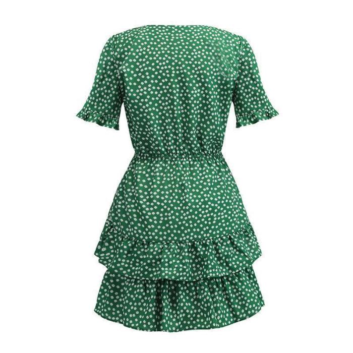 V-Neck Short-Sleeved Bow Printed Mini Dress