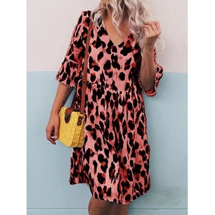 Fashion Half Sleeve Print Loose Women Dress Summer V-Neck Casual A-Line Midi Dresses Female Streetwear 2021 Sundress Vestidos