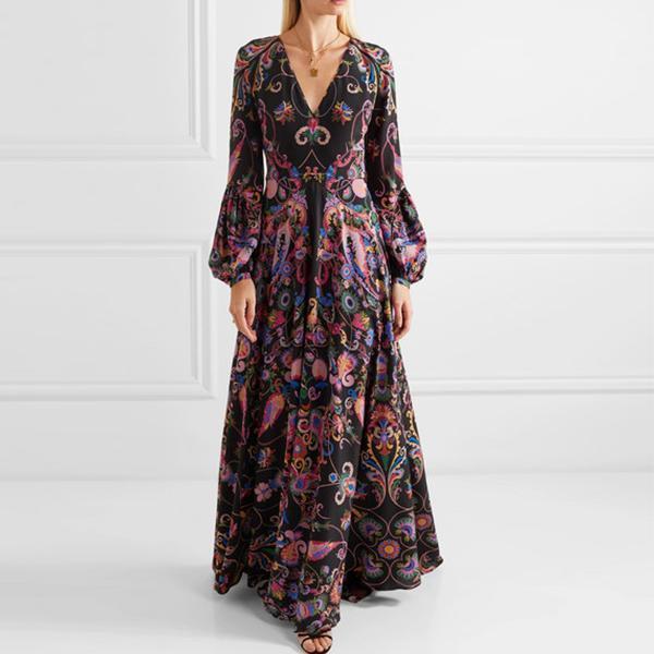 Flash Sale Elegant V-Neck Long-Sleeve Floral Print Maxi Dress