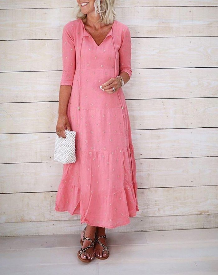 Gentle Pink Print Half Sleeve Ankle-Length Dress