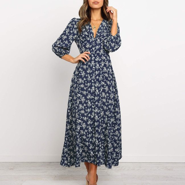 Elegant V Neck Wrist Sleeve Buttons Autumn Women Vintage Printed Long Dress A-Line Ankle-Length 2021 New Casual Dresses Vestido