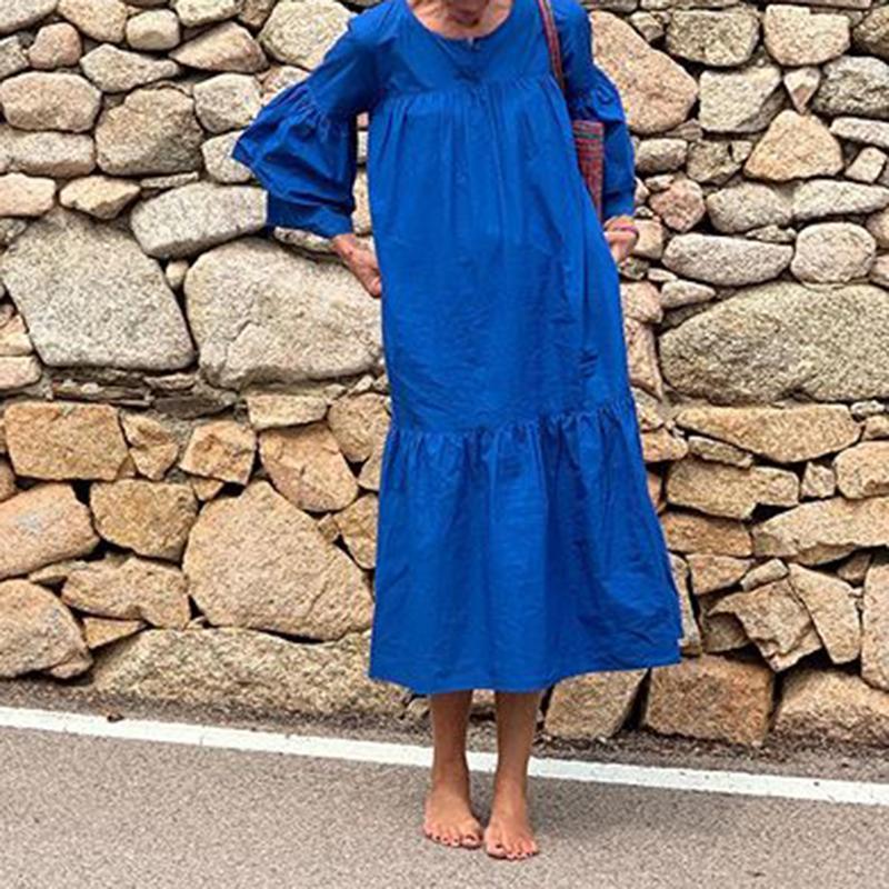 Casual Loose Round Neck Long Lantern Blue Long Vacation Maxi Dress