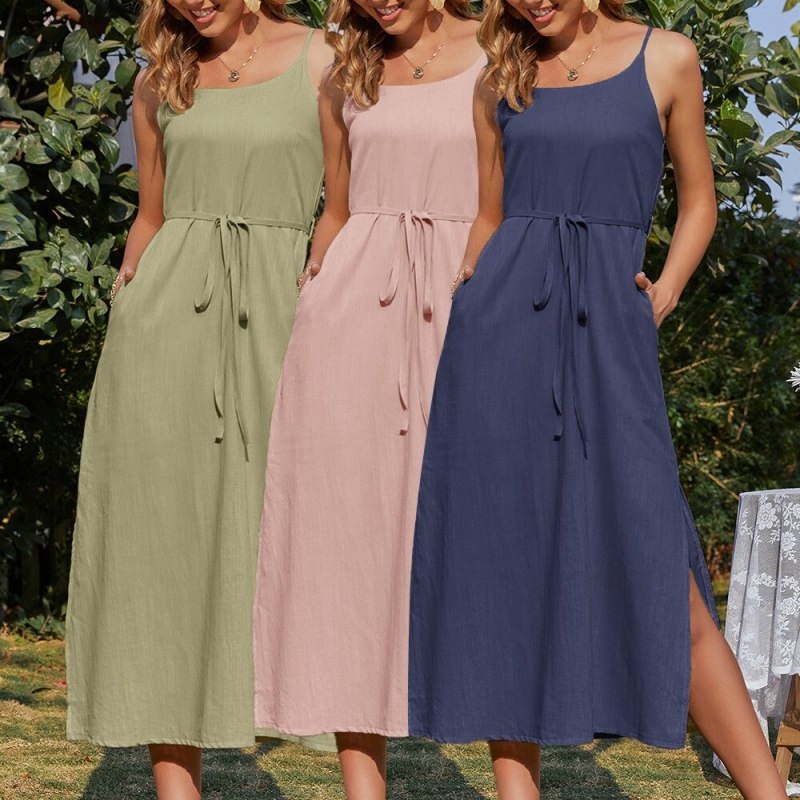 Cotton And Linen Condole Belt Dress Split Leisure Linen Dress